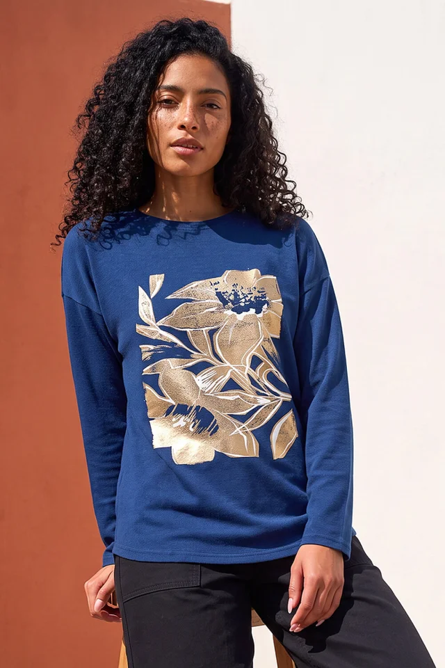 Roman Midnight Blue Floral Foil Print Snit Top