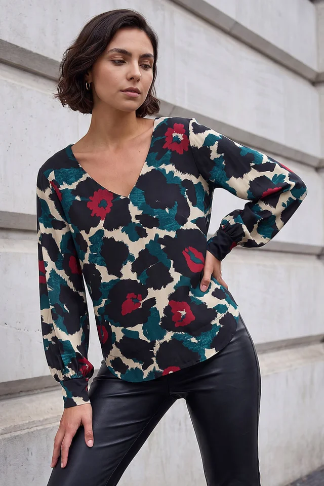 Roman Teal Animal Print V-Neck Top