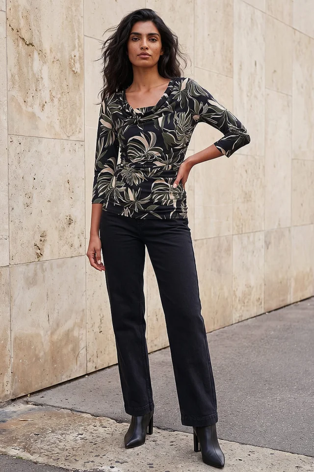 Roman Khaki Leaf Print Gathered Cowl Neck Top