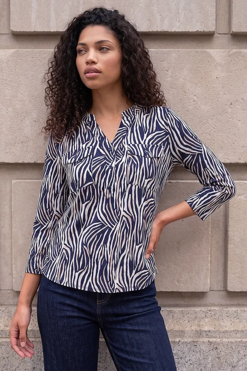Roman Navy Petite Animal Print Button Top - 16 Image 1