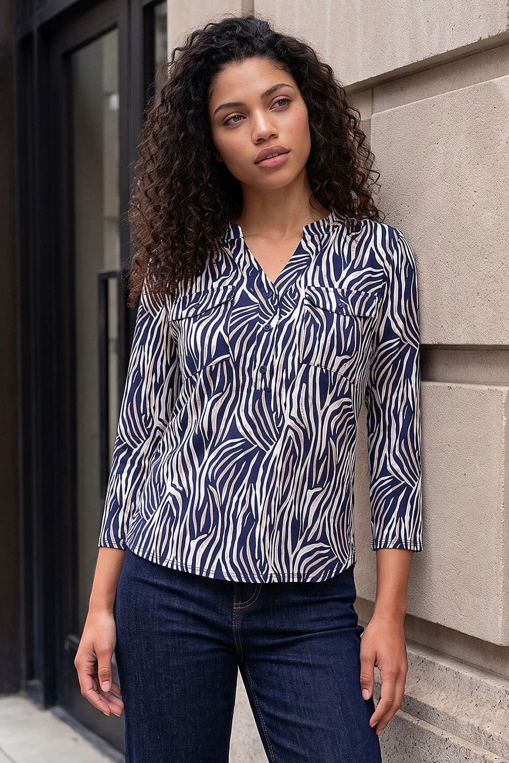 Roman Navy Petite Animal Print Button Top - 16 Image 2