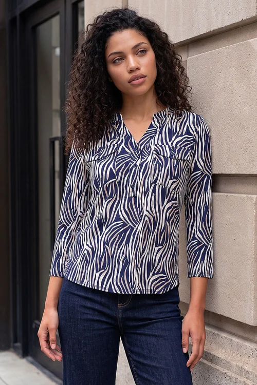 Roman Navy Petite Animal Print Button Top - 16 Image 2