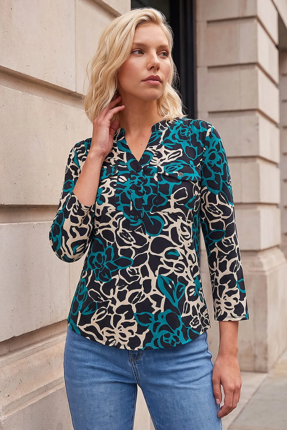 Roman Black Petite Abstract Print Button Top - 12 Image 1