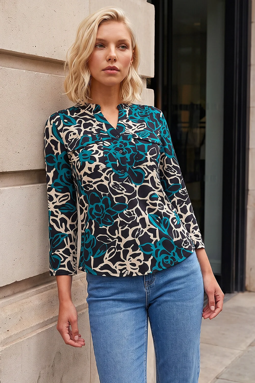Roman Black Petite Abstract Print Button Top - 12 Image 2