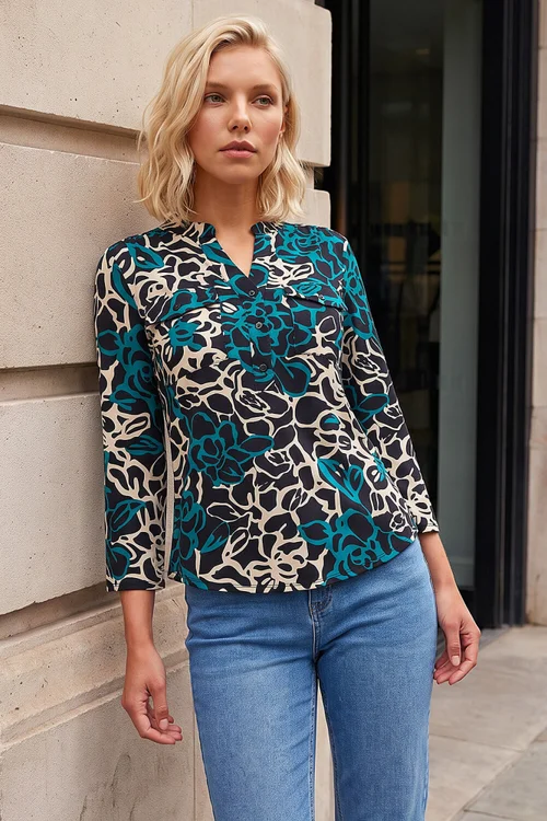 Roman Black Petite Abstract Print Button Top - 12 Image 2