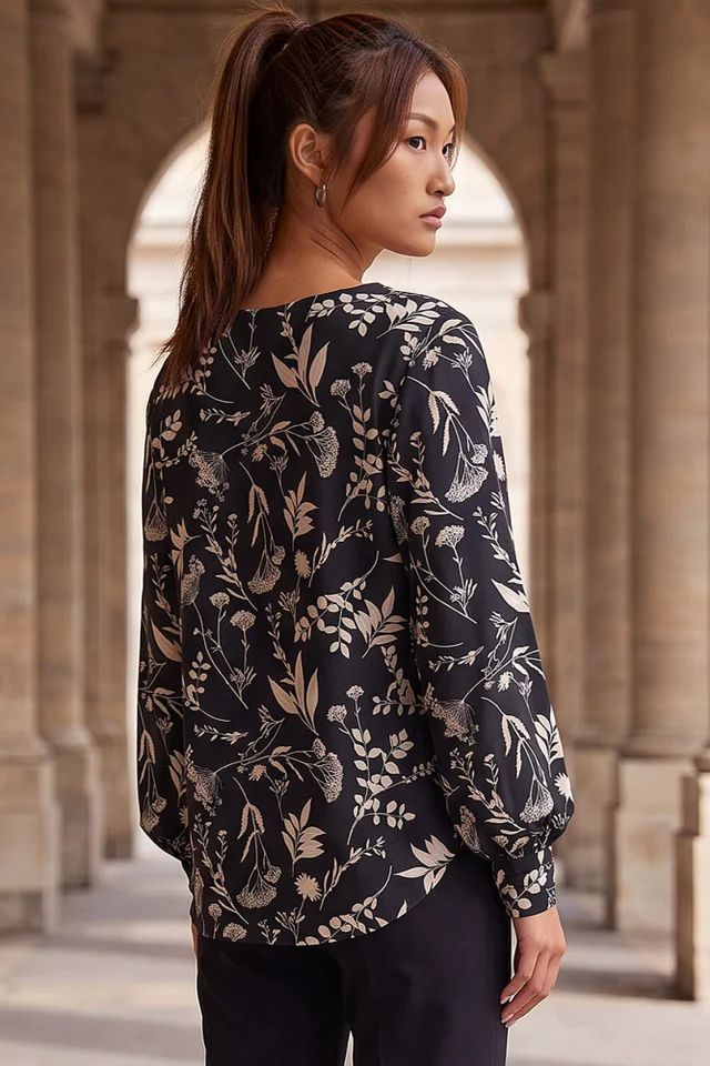 Roman Black Floral Puff Print Stretch Shirt