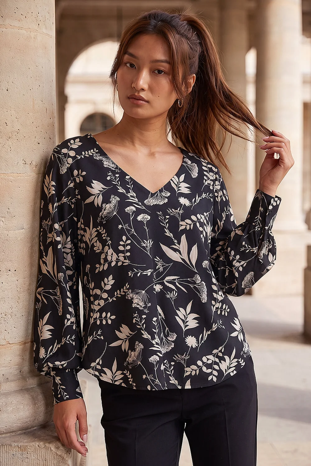 Roman Black Floral Puff Print Stretch Shirt - 14 Image 1