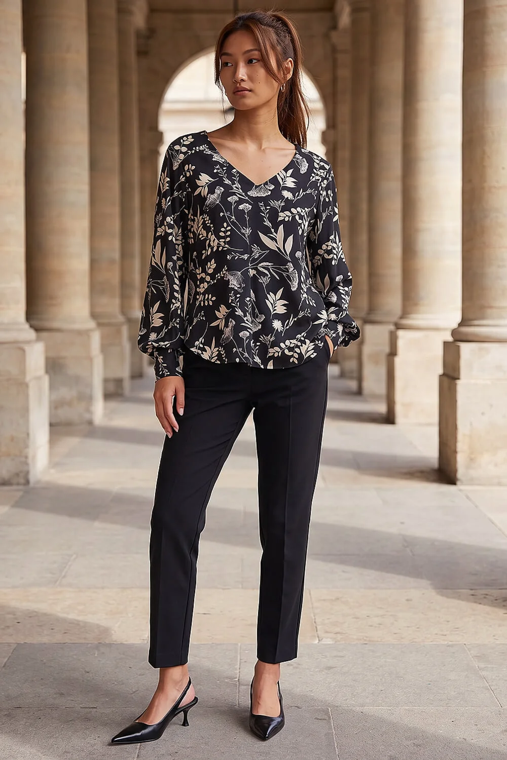 Roman Black Floral Puff Print Stretch Shirt - 14 Image 3