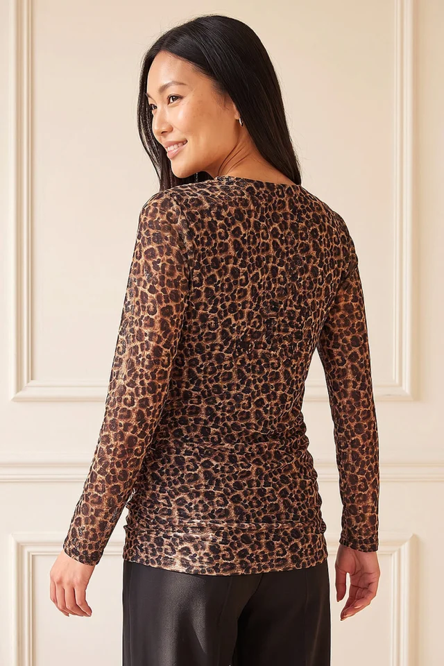 Roman Tan Animal Lace V-Neck Top