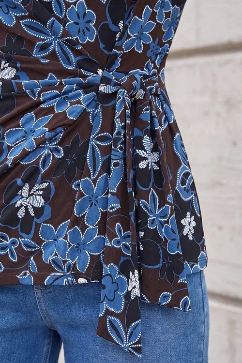 Roman Chocolate Floral Puff Print Side Tie Top - 18 Image 4