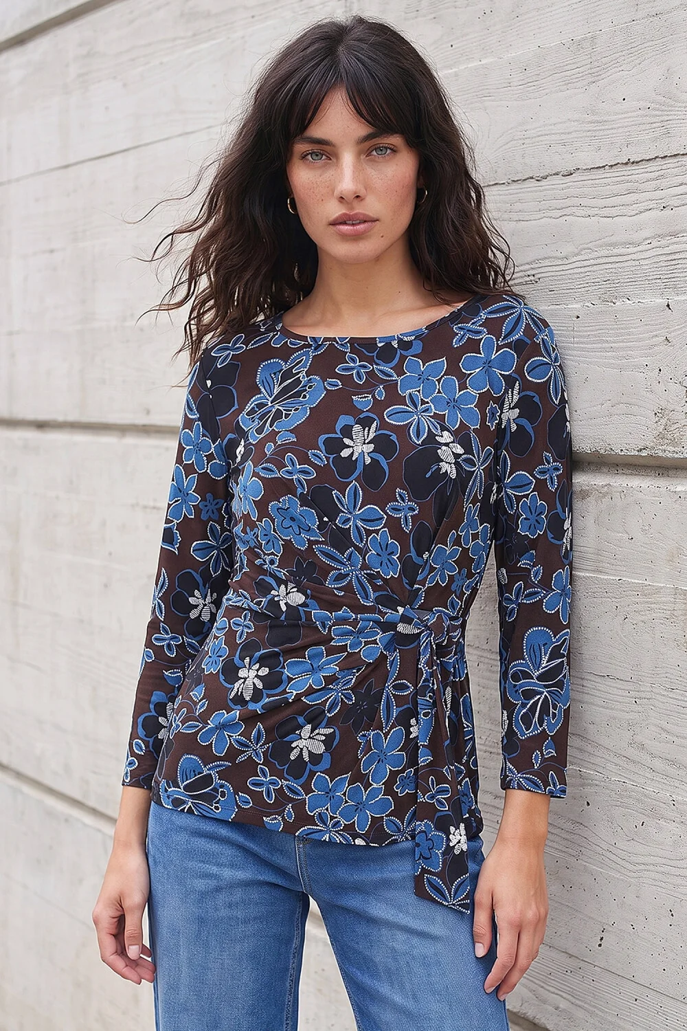 Roman Chocolate Floral Puff Print Side Tie Top - 18 Image 1