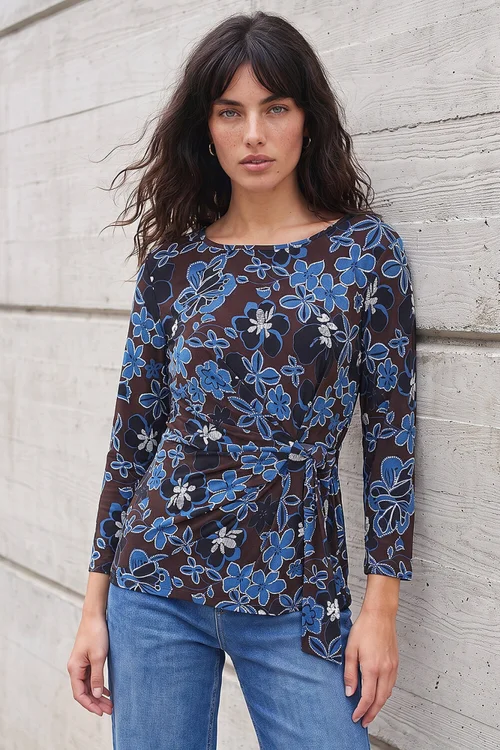 Roman Chocolate Floral Puff Print Side Tie Top - 18 Image 1