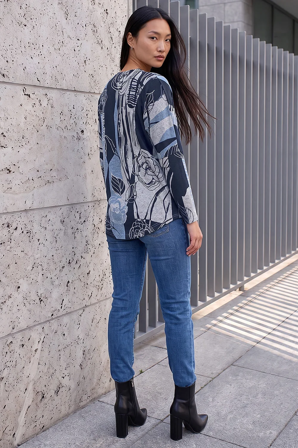 Roman Blue Floral Stretch Jersey Zip Top - 16 Image 3