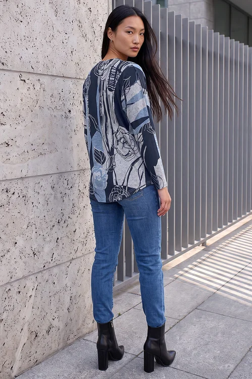 Roman Blue Floral Stretch Jersey Zip Top - 16 Image 3