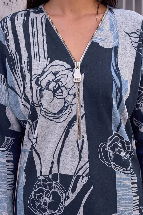 Roman Blue Floral Stretch Jersey Zip Top - 16 Image 4
