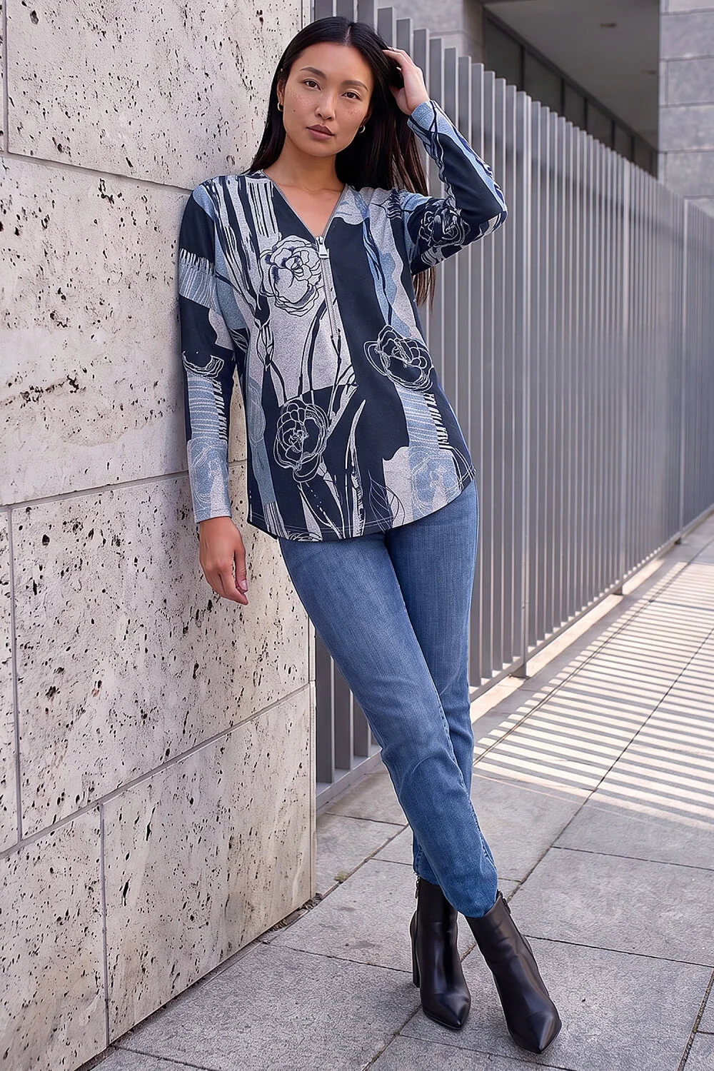 Roman Blue Floral Stretch Jersey Zip Top - 16 Image 2