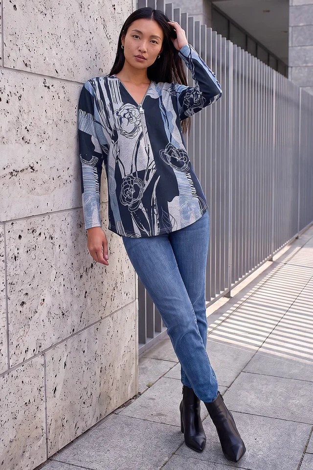 Roman Blue Floral Stretch Jersey Zip Top