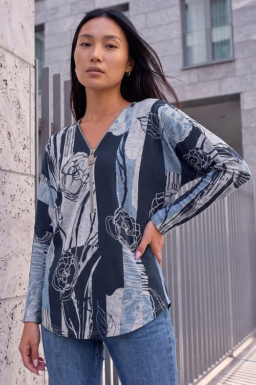 Roman Blue Floral Stretch Jersey Zip Top - 16 Image 1