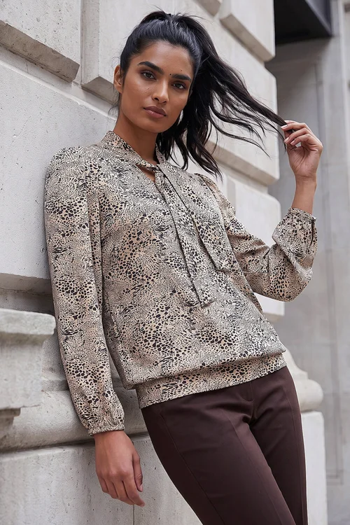 Roman Beige Tie Neck Print Top - 12 Image 1