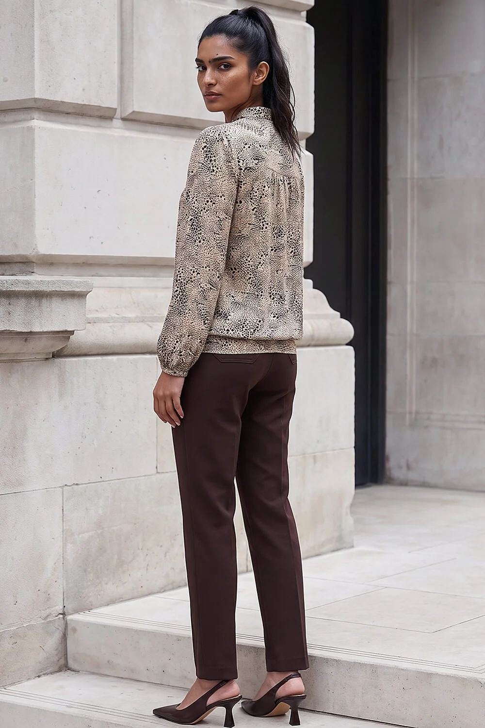 Roman Beige Tie Neck Print Top - 12 Image 3