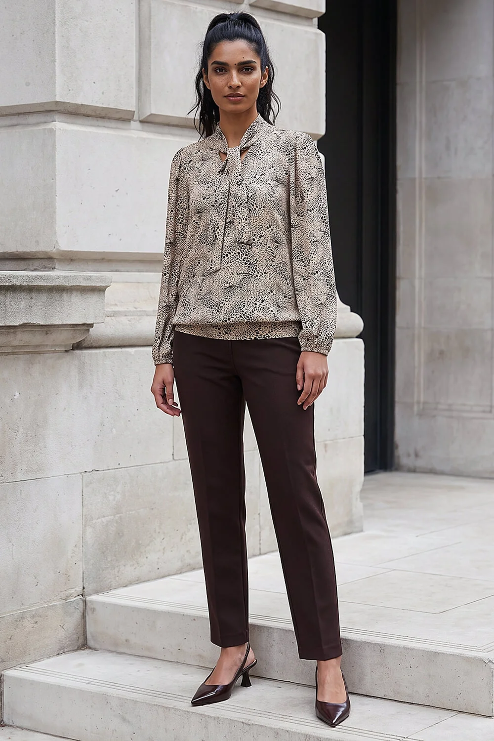 Roman Beige Tie Neck Print Top - 12 Image 2