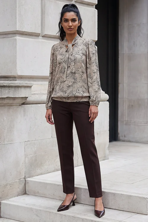Roman Beige Tie Neck Print Top - 12 Image 2