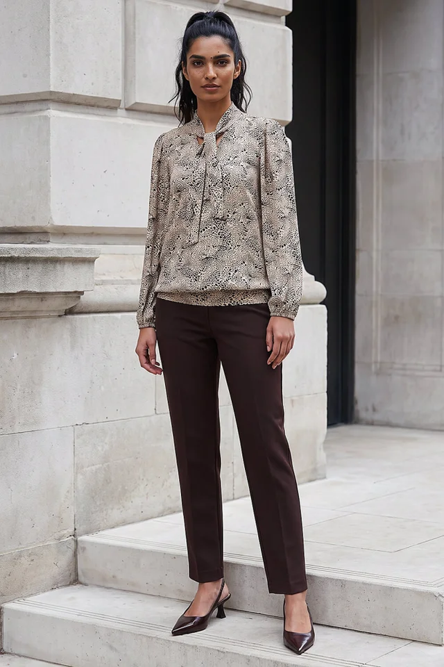 Roman Beige Tie Neck Print Top