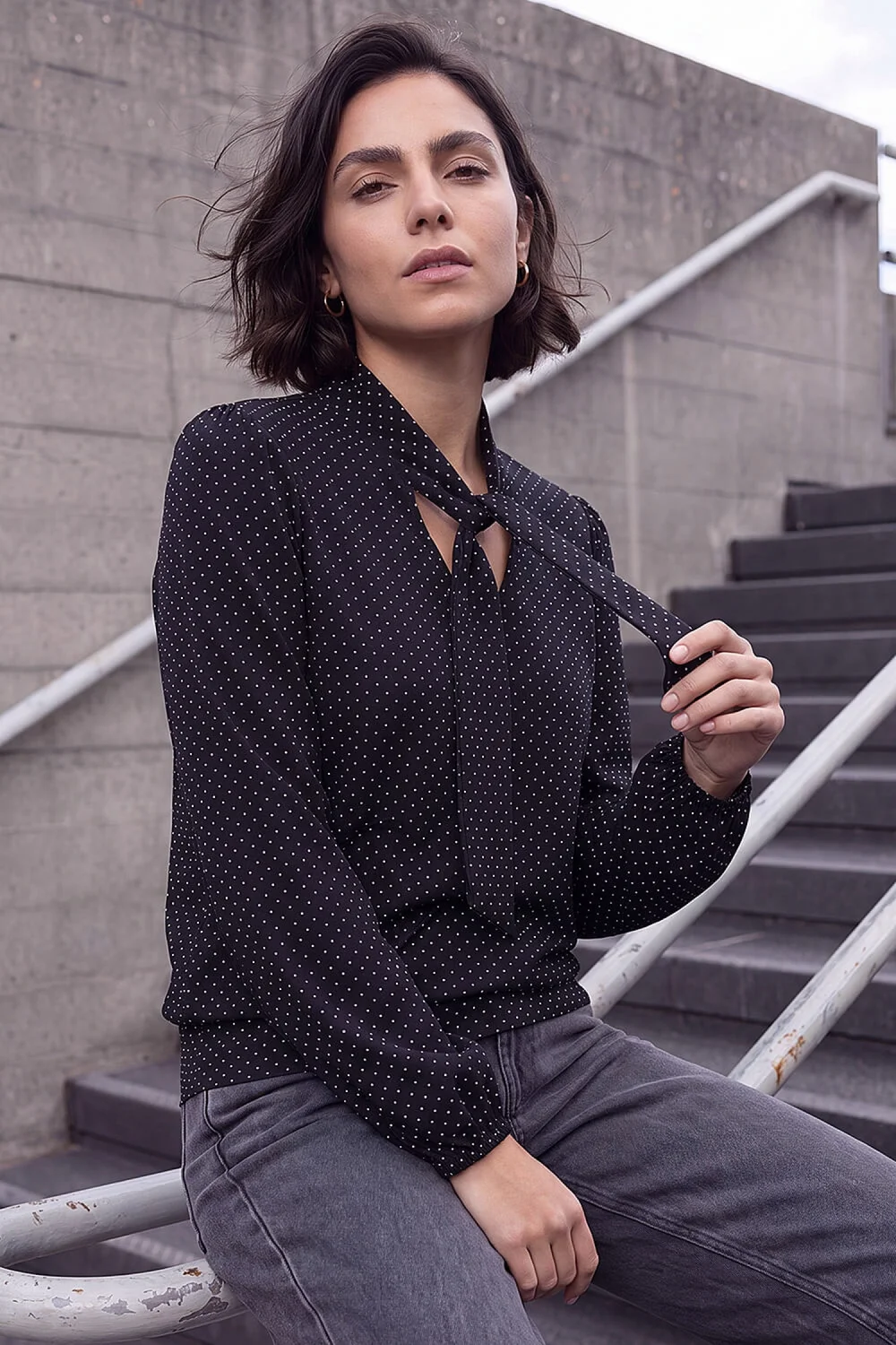 Roman Black Tie Neck Polka Dot Top - 18 Image 1