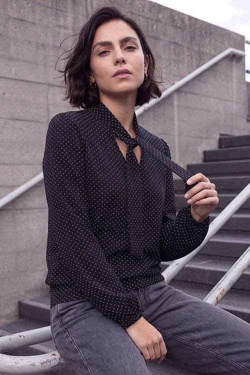 Roman Black Tie Neck Polka Dot Top - 18 Image 1