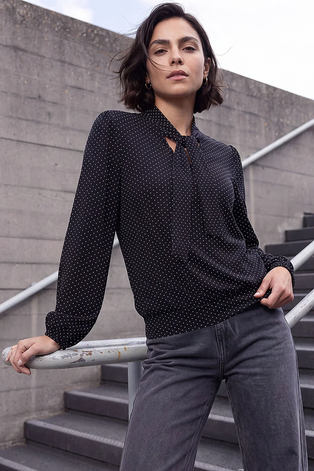 Roman Black Tie Neck Polka Dot Top - 18 Image 2