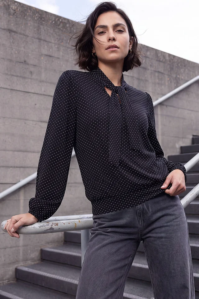 Roman Black Tie Neck Polka Dot Top