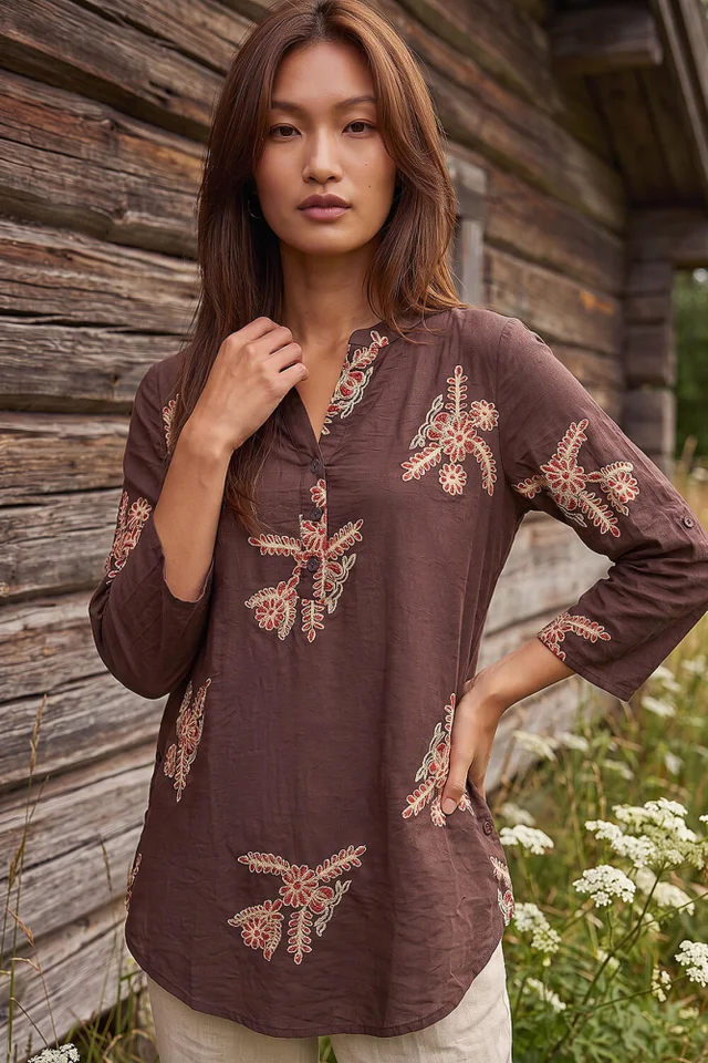 Roman Chocolate Embroidered Floral V-Neck Top