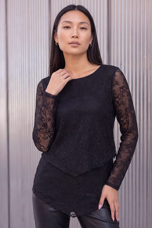 Roman Black Lace Layered Hem Top - 16 Image 1