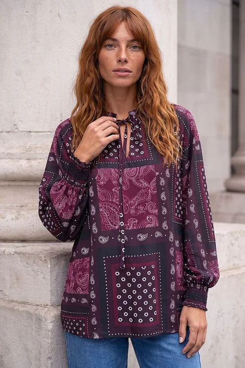 Roman Wine Patchwork Print V-Neck Top - 14 Image 2