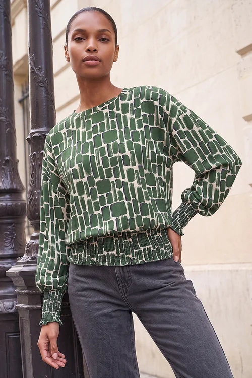 Roman Khaki Geometric Print Shirred Hem Top - 18 Image 1