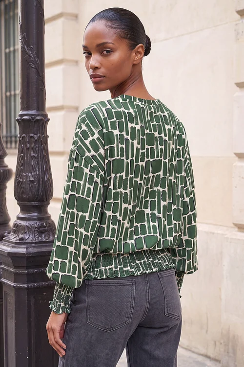 Roman Khaki Geometric Print Shirred Hem Top - 18 Image 3