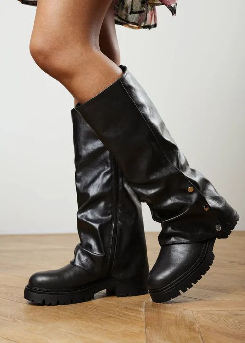 Where's That From Cavelle Ruched Black Fold Down Chunky Knee High Boot - 5 Image 6