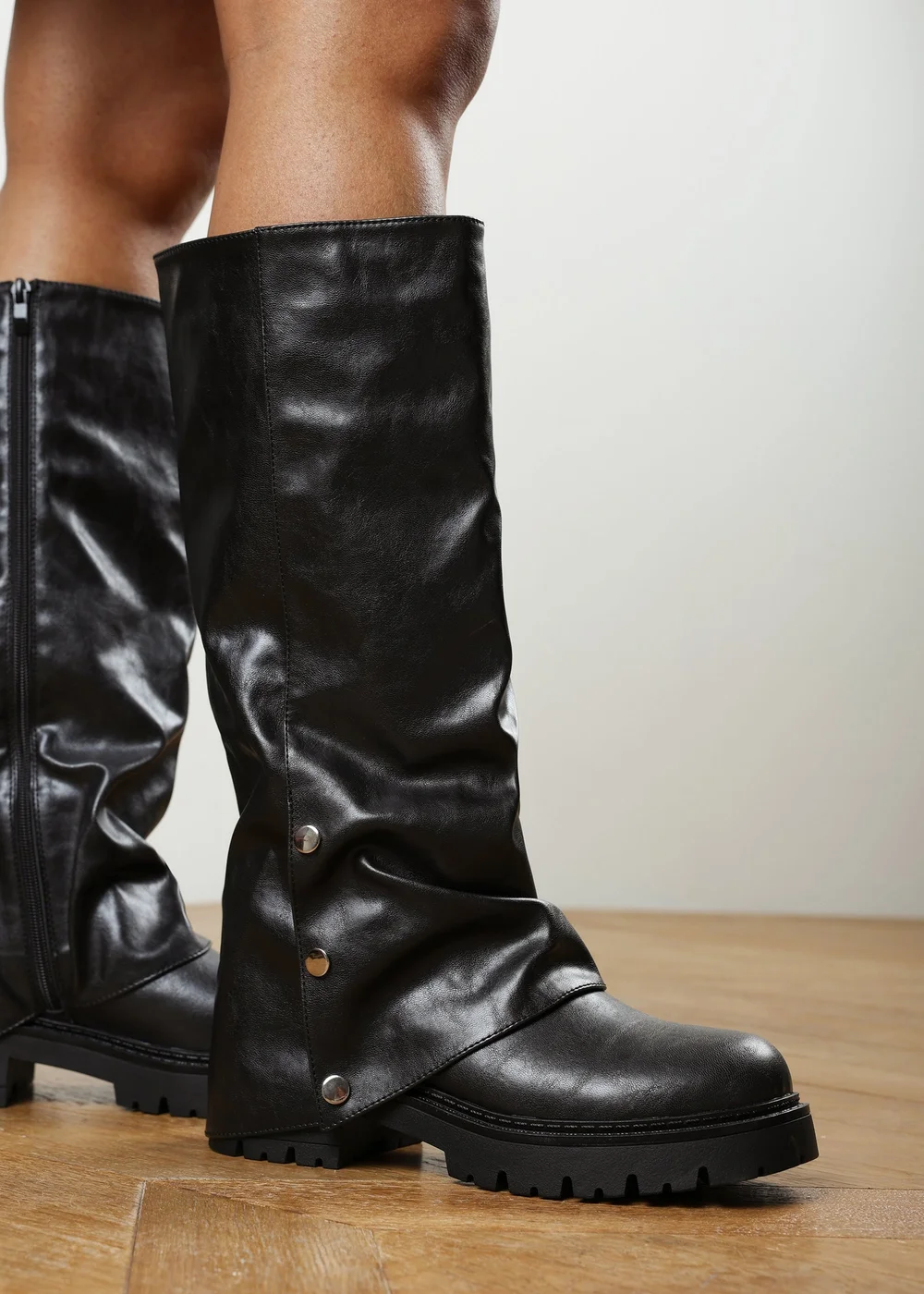 Where's That From Cavelle Ruched Black Fold Down Chunky Knee High Boot - 5 Image 1