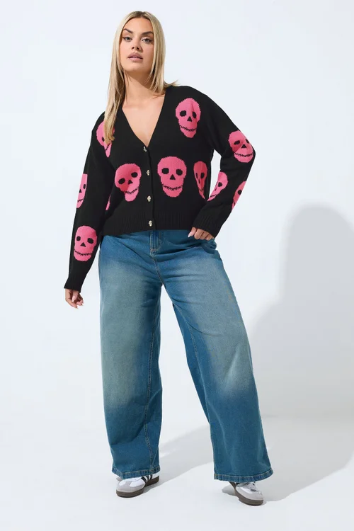 Yours Limited Curve Black & Pink Skull Cardigan - 26-28 Image 2