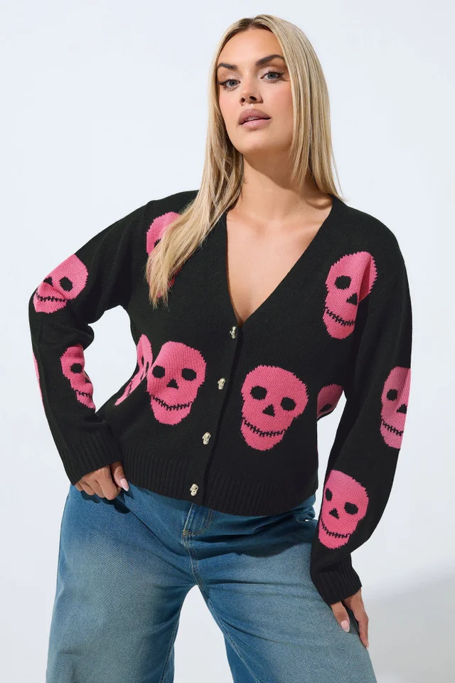 Yours Limited Curve Black & Pink Skull Cardigan