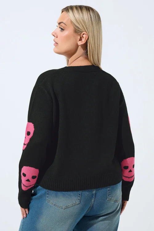 Yours Limited Curve Black & Pink Skull Cardigan - 26-28 Image 3