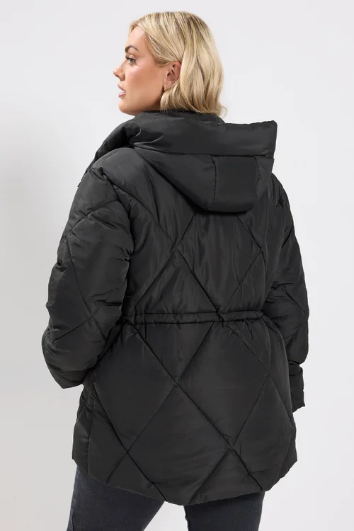Yours Curve Black Diamond Quilted Puffer Coat - 18 Image 3