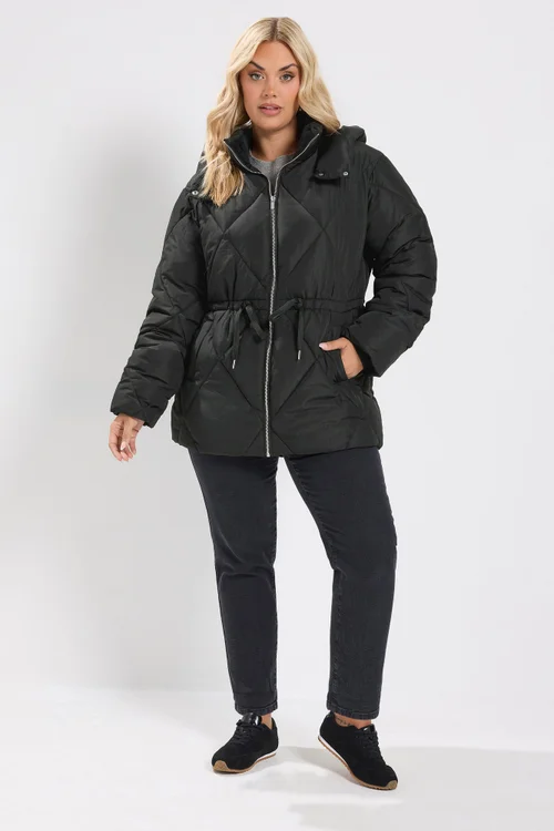 Yours Curve Black Diamond Quilted Puffer Coat - 18 Image 2