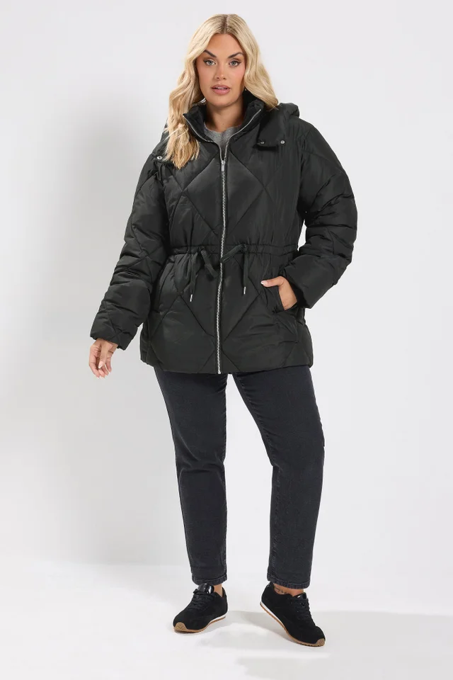 Yours Curve Black Diamond Quilted Puffer Coat