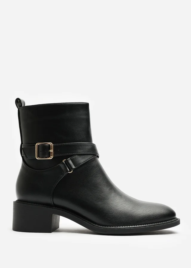 Where's That From Elvara Black Low Block Heel Ankle Boot With Strap Detail