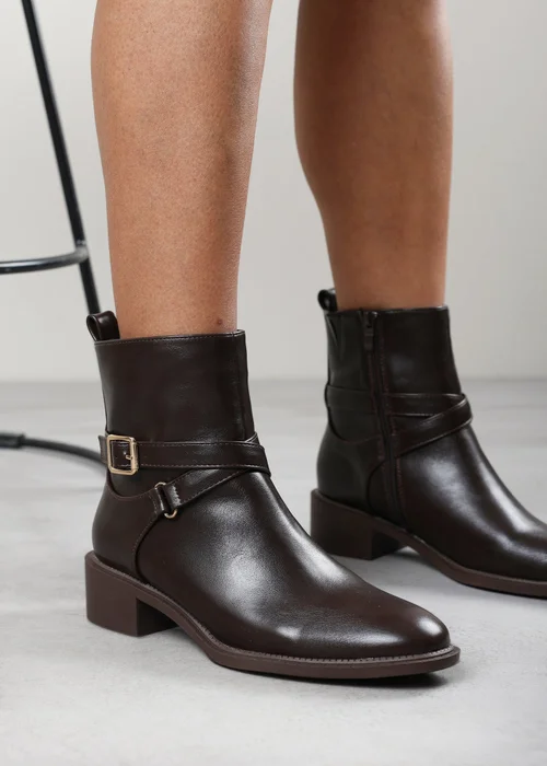 Where's That From Elvara Dark Brown Low Block Heel Ankle Boot With Strap Detail - 8 Image 6