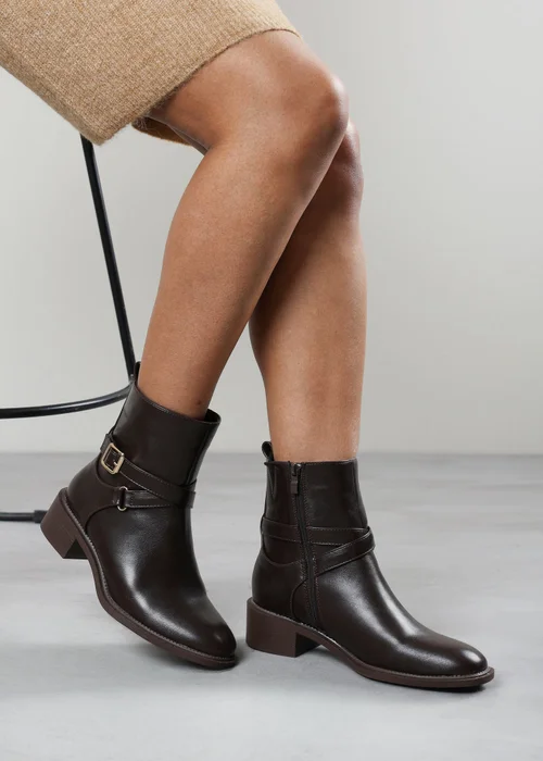 Where's That From Elvara Dark Brown Low Block Heel Ankle Boot With Strap Detail - 8 Image 2