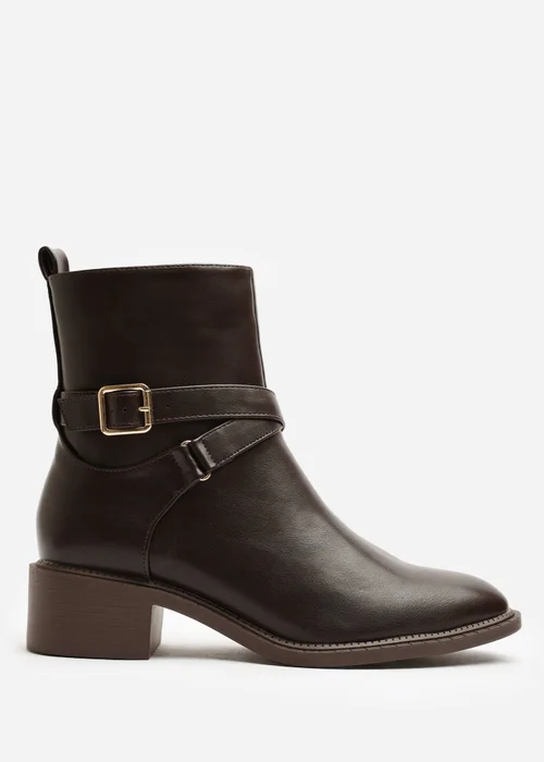 Where's That From Elvara Dark Brown Low Block Heel Ankle Boot With Strap Detail - 8 Image 1
