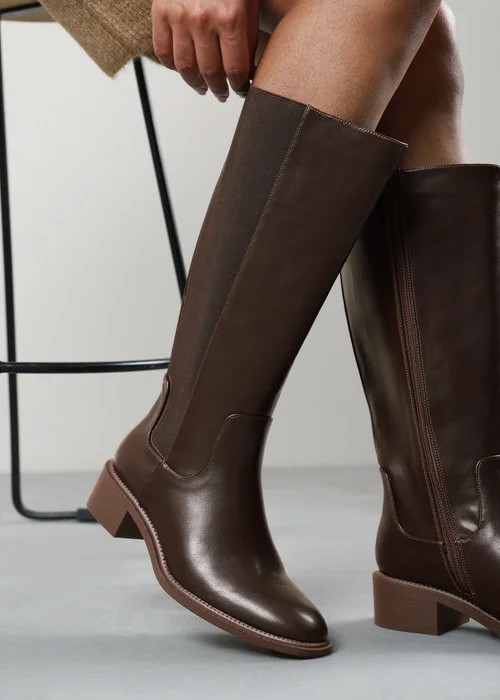 Where's That From Evara Dark Brown Low Block Heel Elastic Stretch Knee High Riding Boot - 8 Image 2