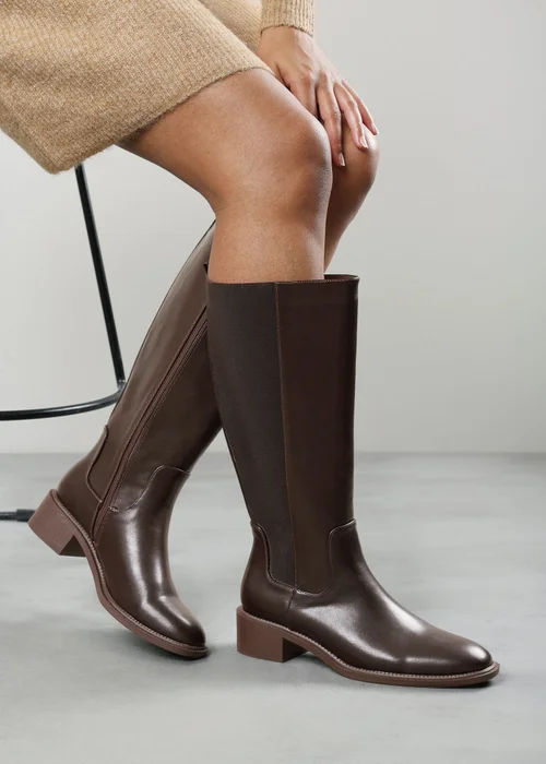 Where's That From Evara Dark Brown Low Block Heel Elastic Stretch Knee High Riding Boot - 8 Image 6